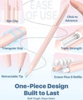 Diagram highlighting features of Six Cute Mechanical Pencils Set With 0.7mm Lead, 360 Leads And 12 Erasers, Plus Storage Case.