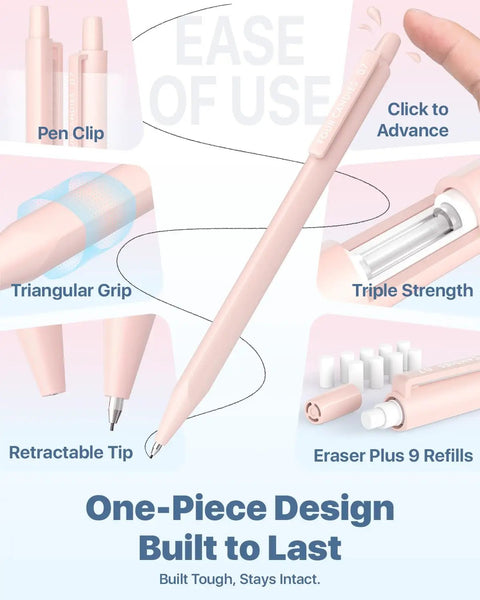 Diagram highlighting features of Six Cute Mechanical Pencils Set With 0.7mm Lead, 360 Leads And 12 Erasers, Plus Storage Case.