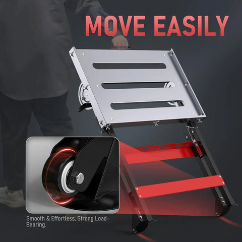 Foldable Welding Table With Wheels 20x30 Inch Adjustable Height Workbench Steel Portable Table showcasing smooth wheels for easy movement