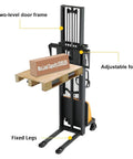 ApolloLift Semi-Electric Pallet Stacker 3300 Lbs Capacity 118 Inch Max Lift Height showing adjustable fork and fixed legs.