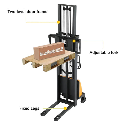 ApolloLift Semi-Electric Pallet Stacker 3300 Lbs Capacity 118 Inch Max Lift Height showing adjustable fork and fixed legs.