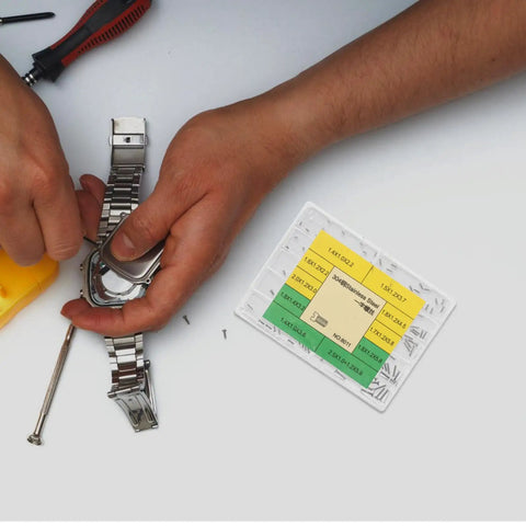 Built Like A Tank Stainless Steel Watch Screws Packed With Assorted Micro Replacement Fasteners For Bracelets And Case Backs being used for watch repair.