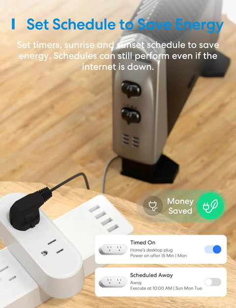 WiFi Dual Smart Plug 2 Pack With 2 Outlets Each, controlling a heater with energy-saving schedule settings.