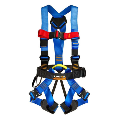 Pro Backyard Zip Line Kit Bundle With Harness And Lanyard Trolley, blue full-body harness shown.