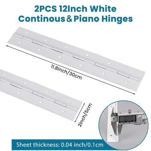 Two Pack 12 Inch White 304 Stainless Steel Heavy Duty Continuous Piano Hinges With Screws displaying 12 inch size and white finish.