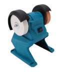 Heavy Duty Cordless Mini Bench Grinder With A Rock Solid 5500 Rpm Motor and Lock Down Suction Base, blue body with two grinding wheels.