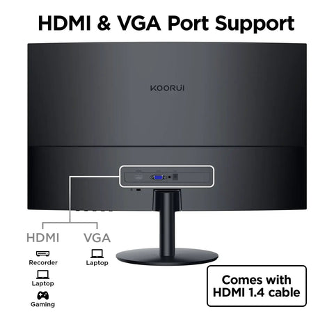 Rear view of 27 Inch Curved FHD 1080p Gaming Monitor With 144Hz Refresh Rate, 1500R VA Panel, HDMI And VGA, cable ports visible.