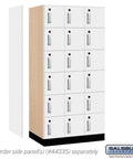Six Tier Wood Locker With High Pressure Laminate And Silver Electronic Locks Arctic White side view showing lockers and side panel.