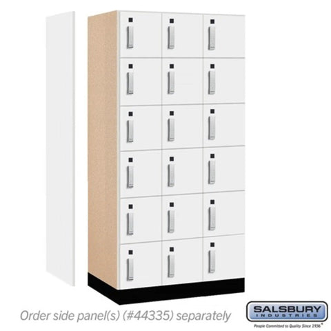 Six Tier Wood Locker With High Pressure Laminate And Silver Electronic Locks Arctic White side view showing lockers and side panel.