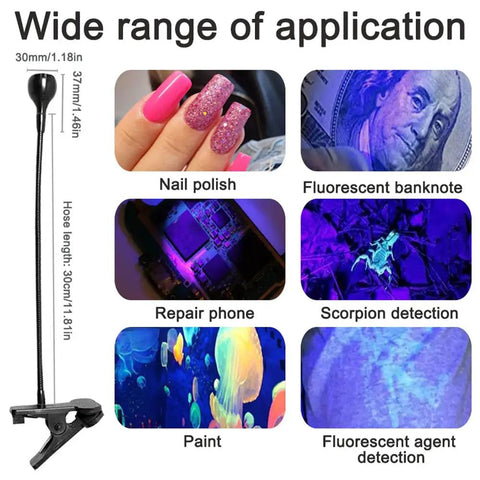 Super Bright 3W Uv Led Desk Lamp With Flexible Gooseneck Clamp Mini Portable Light applications including nail polish and detection