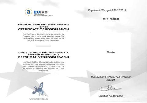 European Union Certificate of Registration for Cloudisk, displaying official seal and signatures, confirming trademark status.