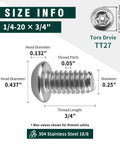 No Sweat 1/4-20 X 3/4 Inch Button Head Torx Security Screws 304 Stainless Steel Anti Strip Hardware Pack With Tt27 Bit close-up size info.