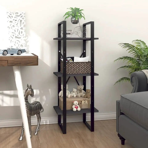 Three Tier Book Cabinet in Gray, Space-Saving Engineered Wood Storage for Books, Magazines, and Decor in home office corner