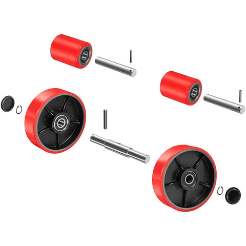 Complete Pallet Jack Wheel Replacement Kit With Dual 7x2 Steering Wheels, Dual 3x3.75 Front Load Rollers, Pre-Installed Bearings And Axles