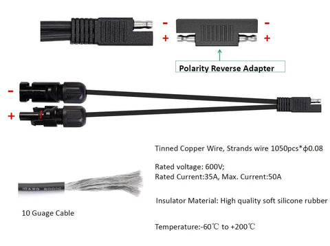 10 AWG Solar Panel Connector Extension Cable Compatible With MC4 To SAE Adapter PV Wire For RV Caravan Battery Charger Kit Includes Two SAE To SAE Polarity Reverser Adapters shown with tinned copper wire and polarity adapters.