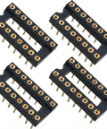 Gold Plated DIP IC Socket Adapter 2 Rows With 16 Round Pins For Soldering PCB Boards in black casing, four pieces.