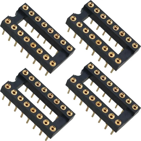 Gold Plated DIP IC Socket Adapter 2 Rows With 16 Round Pins For Soldering PCB Boards in black casing, four pieces.