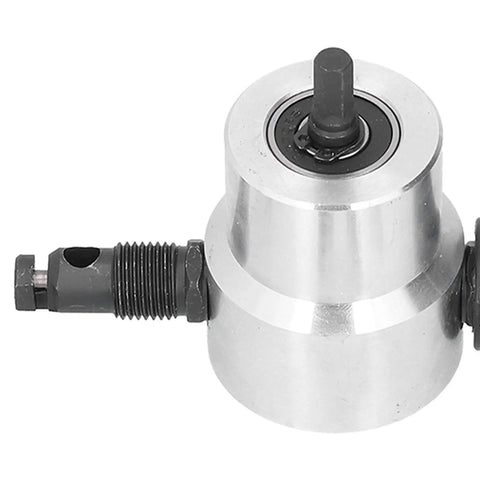 Double Head Nibbler Cutter With Cobalt Step Drill Bits, Aluminum Alloy Metal Cutting Attachment For Electric Drill, shown from the side, showcasing its compact design.