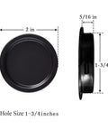 Side and front view of Black Closet Door Finger Pull One And Three Quarter Inch Hole Opening 4 Pack Easy Snap In Circular Sliding Door Pull No Nails Needed For Pocket Doors Bi Parting Cabinets And Sliding Barn Door Systems showing dimensions.