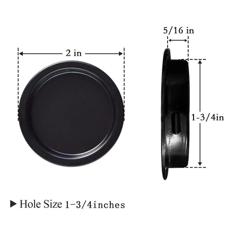 Side and front view of Black Closet Door Finger Pull One And Three Quarter Inch Hole Opening 4 Pack Easy Snap In Circular Sliding Door Pull No Nails Needed For Pocket Doors Bi Parting Cabinets And Sliding Barn Door Systems showing dimensions.