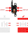 Beefy 2-Piston Hydraulic Disc Brakes Kit For Mountain Bikes showing dual-piston design and piston labels, aluminum alloy material.
