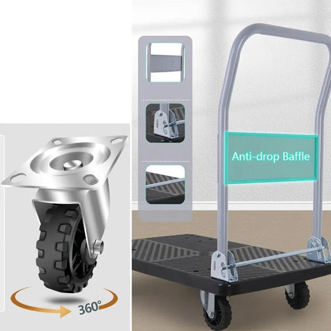 Heavy Duty Folding Platform Trolley On Wheels, Rugged Utility Cart For Home Garage Workshop And Warehouse, featuring silent wheels and baffle.