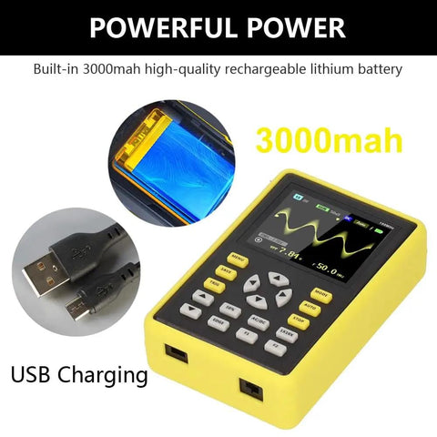 Pocket Sized Handheld Oscilloscope With 100MHz Bandwidth And 500MSaS Sampling For DIY Electronics Gearheads, showing display and USB charging port.