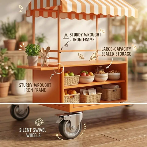 Dead On Mobile Food Cart With Retro Striped Awning And Slick Rolling Wheels For Street Vendors Portable snack stand with sealed storage.