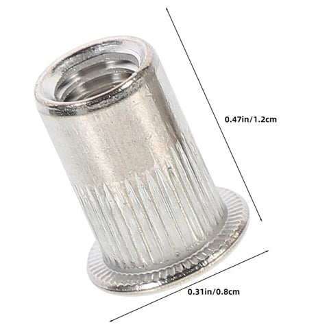 Close-up view of a single M5 stainless steel flat head rivet nut, 0.47in height, from the 70 Piece M5 Stainless Steel Flat Head Rivet Nuts Kit