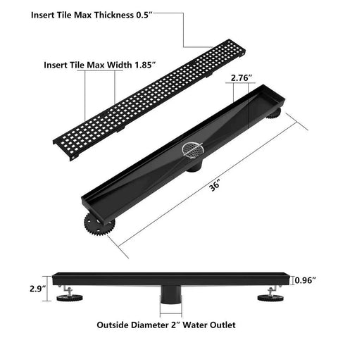 36 Inch Linear Shower Drain With Removable Square Pattern Grate In Matte Black SUS304 Stainless Steel with dimensions