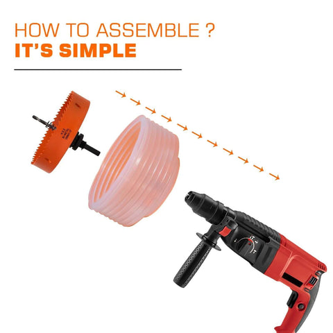 VIKITON 6-1/8 in hole saw kit for recessed lights with pink dust catcher and drill, front view