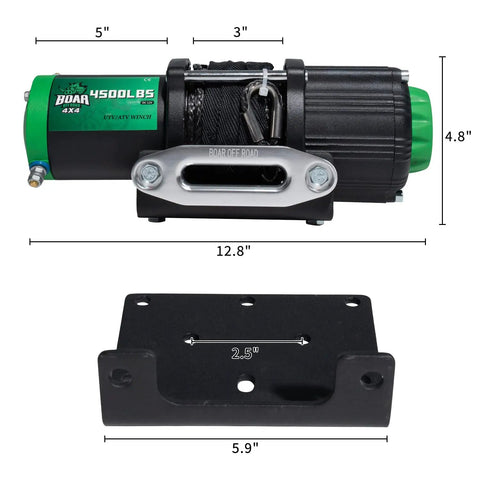 Heavy Duty 4500 Lb Electric Winch For ATV UTV Jeep With 12V Motor, dimensions labeled, synthetic rope, IP67 waterproof