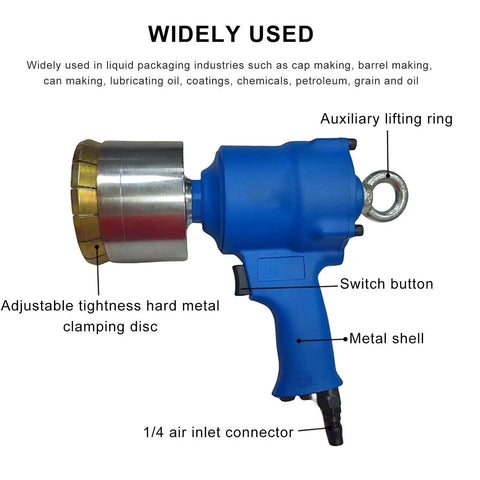 Heavy Duty Handheld Pneumatic Crimping Tool For 55 Gallon And 160L Steel Oil Barrels Non Electric Drum Sealer With Adjustable Tightness Dial showing adjustable clamping disc and switch button.