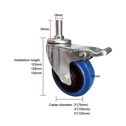 Heavy Duty Caster Wheels With Top Plate Swivel And Brakes, blue non-marking rubber caster with measurements shown