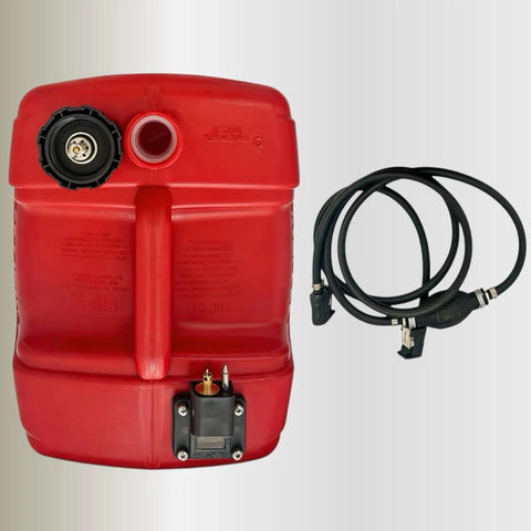 Red 3 Gallon Outboard Fuel Transfer Tank with fuel line for two and four stroke outboard motors, 12L capacity, easy carry design