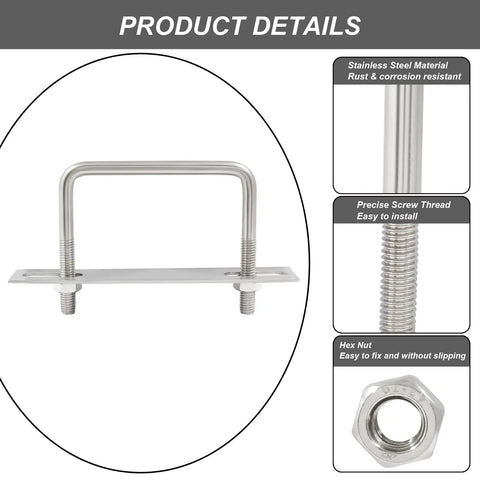 Heavy Duty 304 Stainless Steel Square U Bolts Four Pack With Plates And Nuts M8 Thread, showcasing details and features.