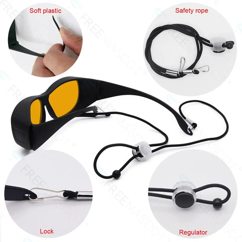 Close-up of Pro-Grade Blue Laser Safety Shades with soft plastic frame, safety rope, lock, and regulator for enhanced usability.
