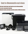 Heavy Gauge Stainless Steel Electric Portafilter Cleaner With Built In Knock Box And Scraper Blades for easy disassembly and cleaning.