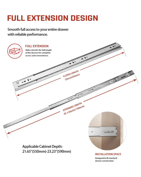 Image of Soft Close Drawer Slides 22 Inch Full Extension Side Mount 5 Pack with ball bearing rails and mounting brackets.
