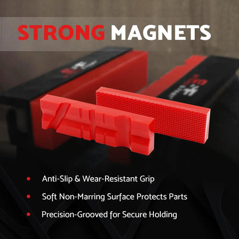 Heavy Duty 6 Inch Vise Jaw Pads With Magnetic Z Holder Anti Slip Soft Jaws dual pair showcasing strong red magnets and grip surface.
