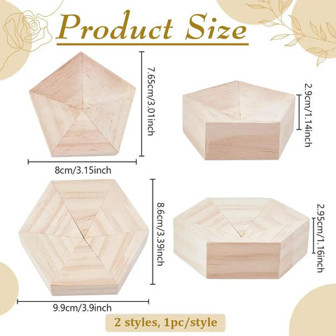 Hella Reliable Wood And Glass Soldering Jig Set Featuring Hexagon And Pentagon Molds For No Sweat Stained Glass Assembly and Killer DIY Art Projects With Dead Straight Precision Alignment - Sizes of each mold displayed.