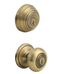Keyed Entry Door Knob and Deadbolt Combo With Microban Antimicrobial Protection and SmartKey Security in Antique Brass for Exterior Doors