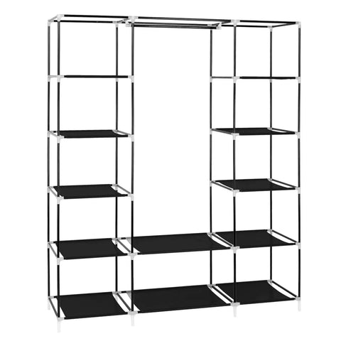 69 Inch Portable Clothes Closet With Industrial Strength Steel Frame And Thick Nonwoven Fabric Cover Quick No Sweat Setup Hella Roomy Multi Shelf Wardrobe Storage Organizer For Shoes And Hanging Apparel Black with multiple shelves.