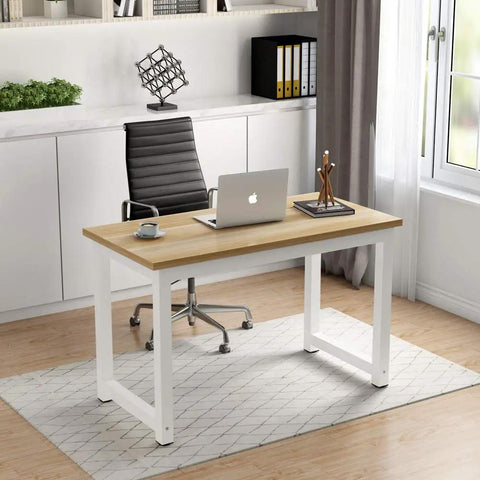 47 Inch Modern Computer Desk With Metal Legs, Wide 23.6 Inch Desktop And Spacious Leg Room, Stable On Uneven Floors, Light Walnut Finish, The Go To Home Office Table For Studying Writing And Everyday Computing