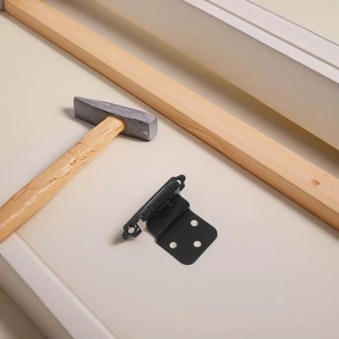 No Fuss Soft Closing Cabinet Hinge With Built In Spring Self Closing Door Closer for Kitchen, 3/8 inch, black hinge next to hammer