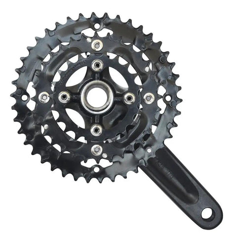 Front view of Triple Chainring Crankset With Bottom Bracket For Road And Mountain Bikes Eight And Nine Speed M430 42T 32T 22T