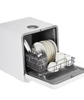 No Sweat Setup Portable Countertop Dishwasher With Five Liter Tank and Faucet Hose showing clean dishes and utensils inside.
