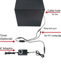 All In One Resin 3D Printer Enclosure With Vent Kit And UV Curing Light, showing cable hole, timer, and AC/DC adaptor.