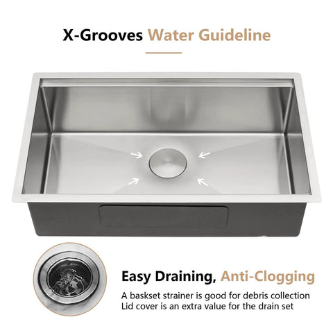 Undermount 33 Inch Stainless Steel Workstation Kitchen Sink Heavy-Duty 16 Gauge 304 Handmade Welded Construction With Accessories Round Corner Brushed Wear-Resistant Finish Deep Single Bowl Measures 33x19x10 Inches Model DCU7701 showing inside view with X-grooves water guideline.
