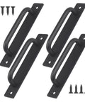 4 Pack Black Zinc Alloy Barn Door Handles Set With Mounting Plates 5 Inch Hole Center Spacing, screws included, front view.